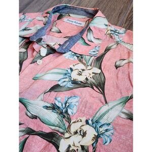 Tommy Bahama Mens XL Coral Pink Tropical Floral Cotton Blend Button Down Shirt
